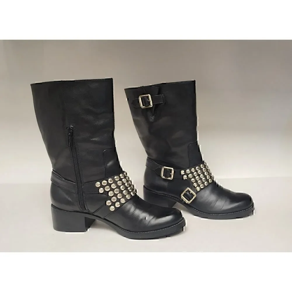BCBGeneration BC-Halen Black Leather Studded Buckle Boots 7B/37